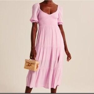 Abercrombie & Fitch Pink Smocked Puff Sleeve Tiered Midi Dress Size Petite Small